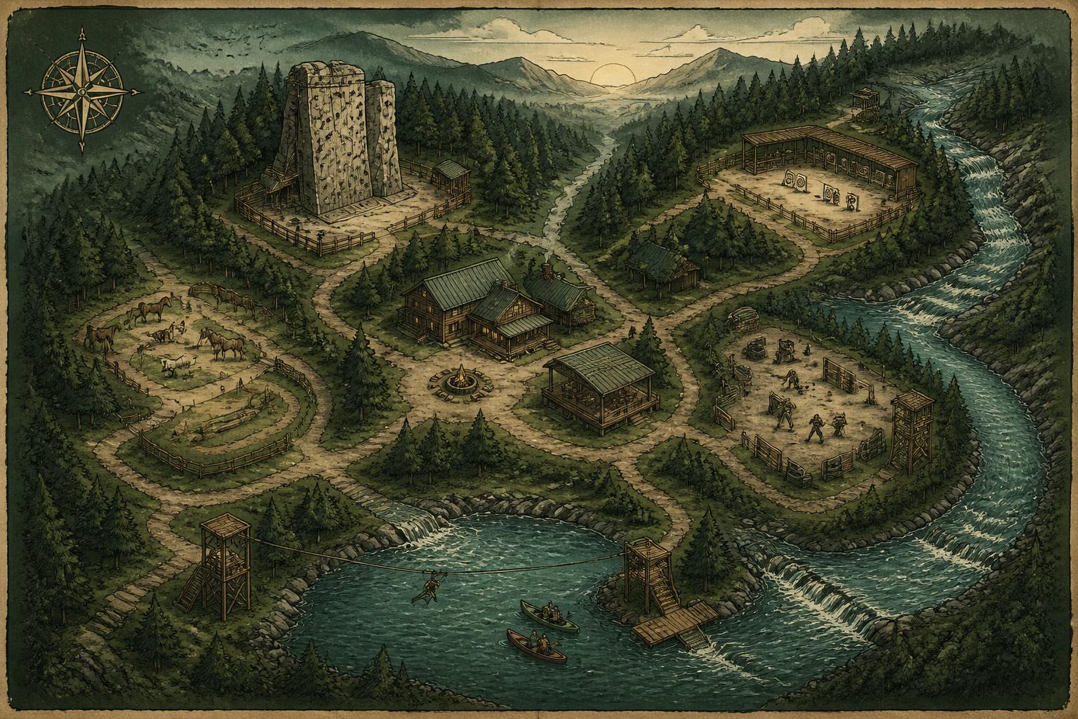 Illustrated map of the ranch showing the six experience areas